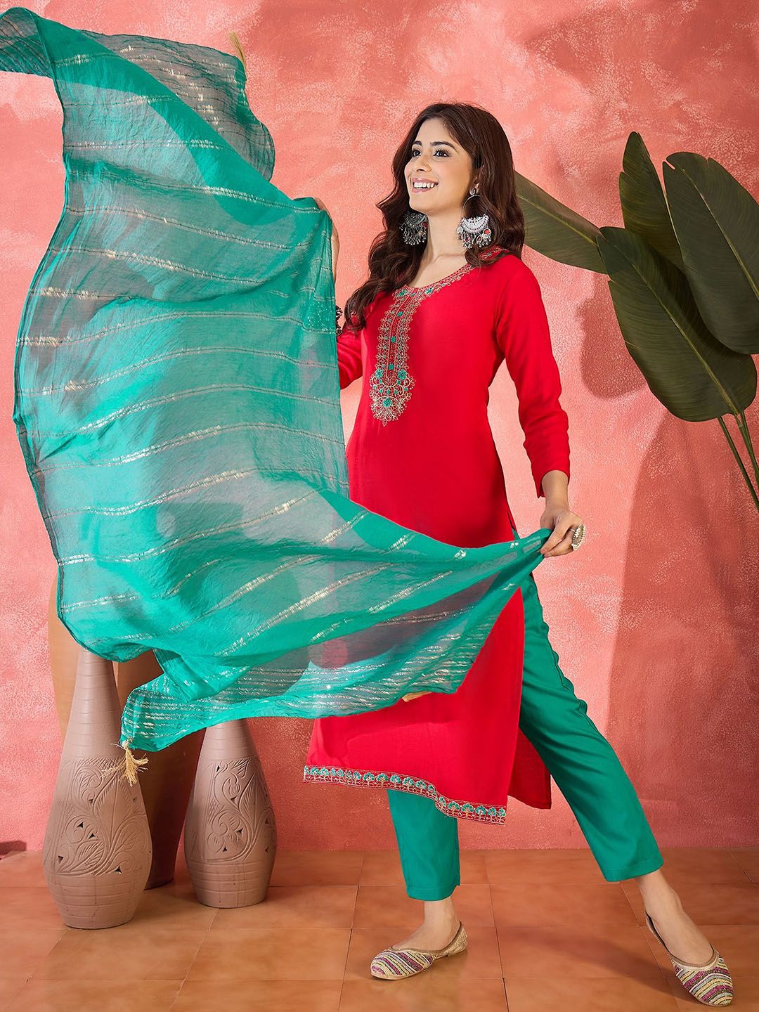 Sangria Floral Embroidered Round Neck Straight Kurta & Trouser With Dupatta-picture-32