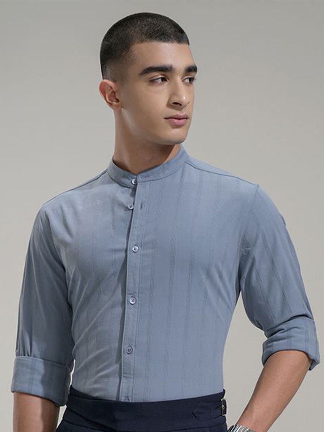 HIGHLANDER Men Comfort Fit Band Collar Textured Casual Shirt-picture-53