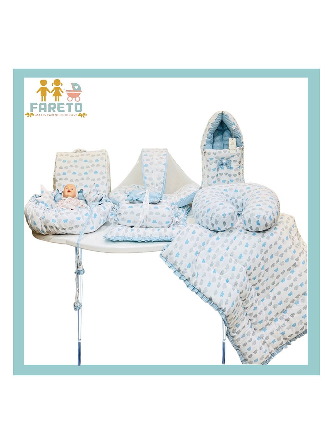 Fareto Infants Blue & White Printed Cotton Baby Bed Set-image-13
