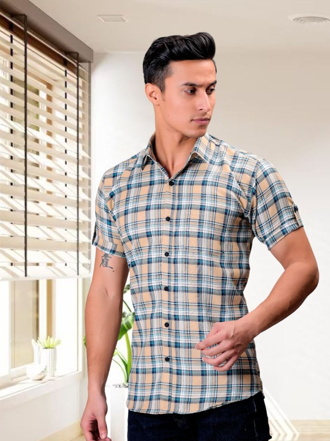 BASE 41 Men Spread Collar Tartan Checked Casual Shirt-picture-23