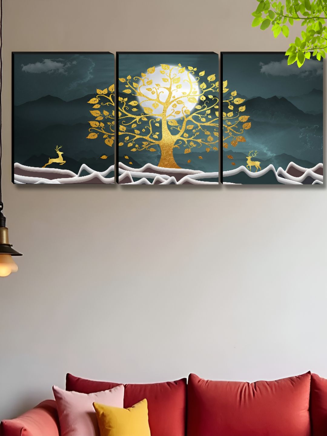 SAF Gold-Toned & White 3 Pieces Tree And Moon Printed Wooden Wall Art-picture-38