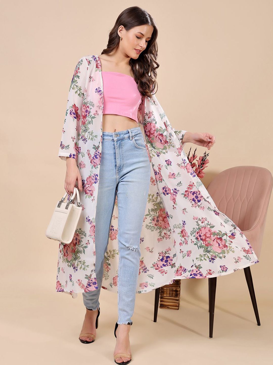 Moda Rapido Floral Printed Long Sleeves Open Front Georgette Longline Shrug-picture-11
