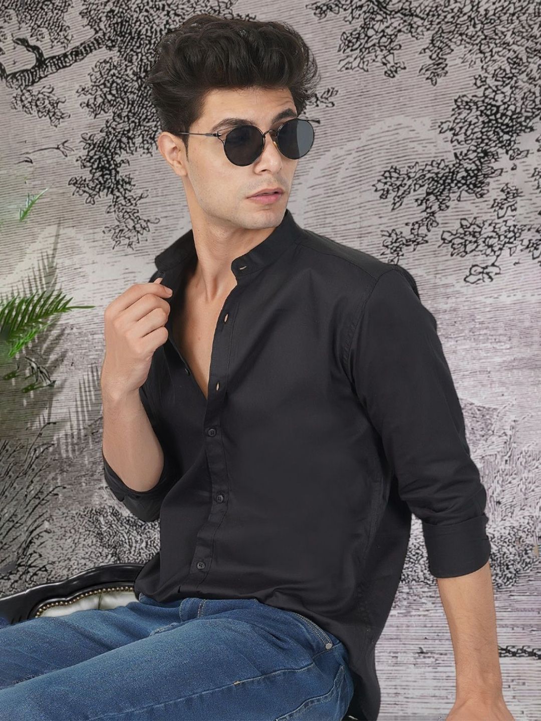 BASE 41 Men Band Collar Solid Casual Shirt-image-6