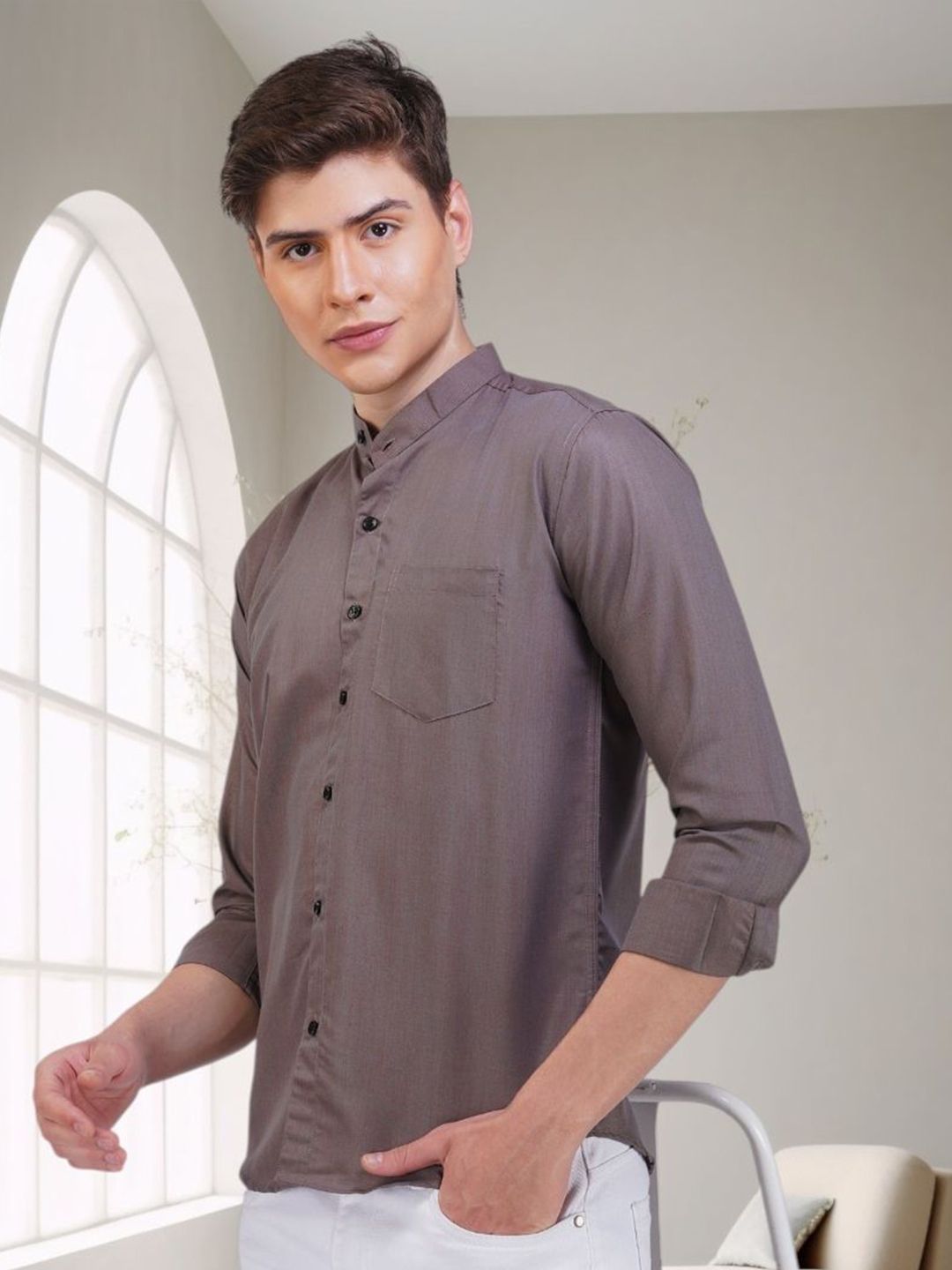 BASE 41 Men Band Collar Solid Casual Shirt-image-6