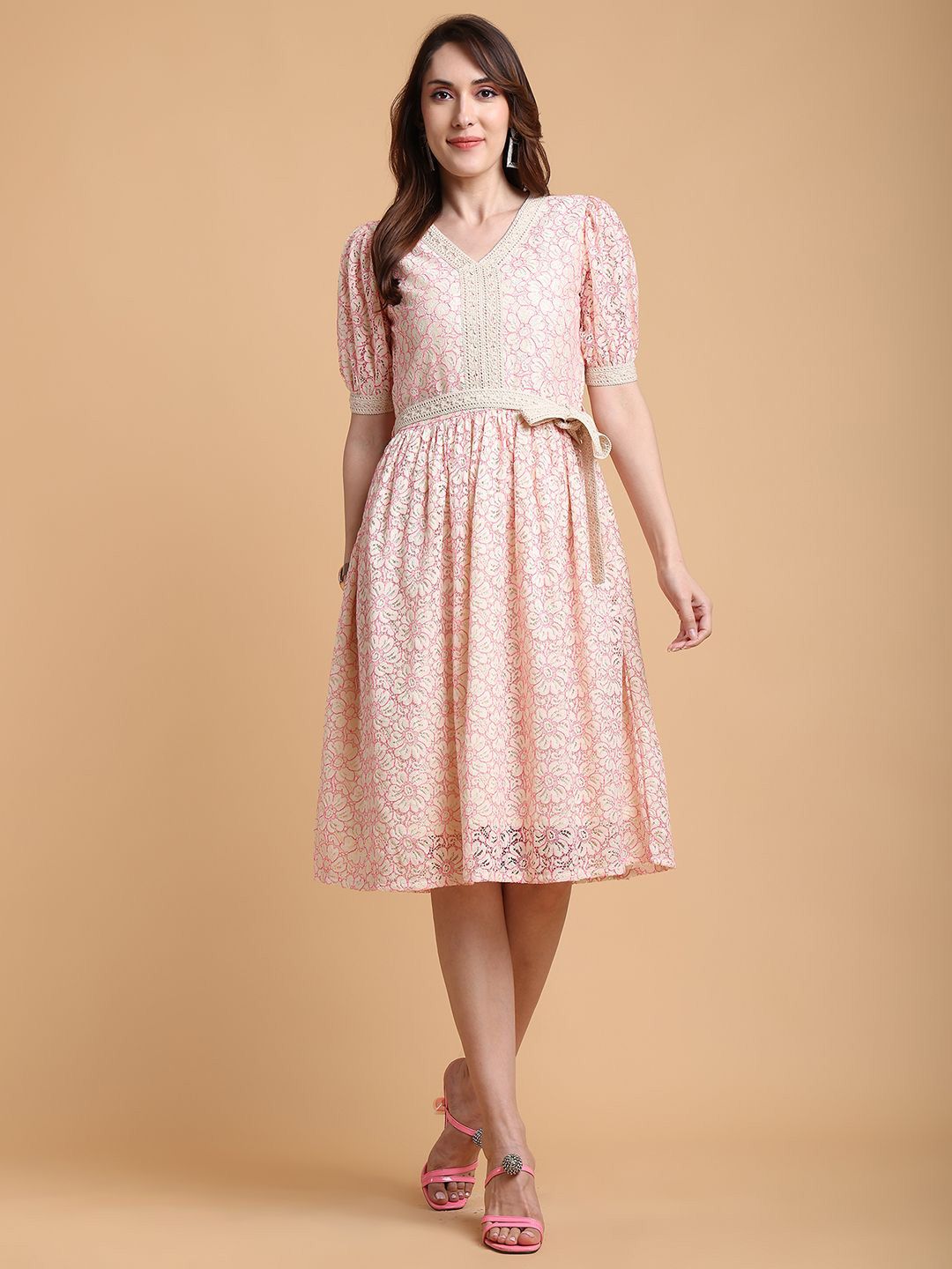 Tulsattva Floral Schiffli Puff Sleeve Fit & Flare Midi Dress