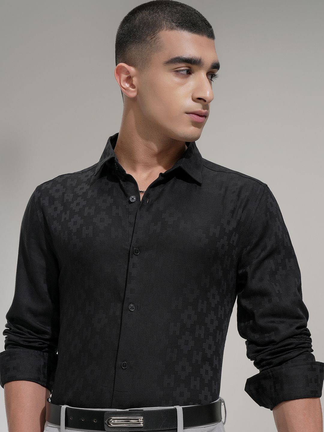 HIGHLANDER Men Comfort Fit Spread Collar Textured Cotton Formal Shirt-image-44