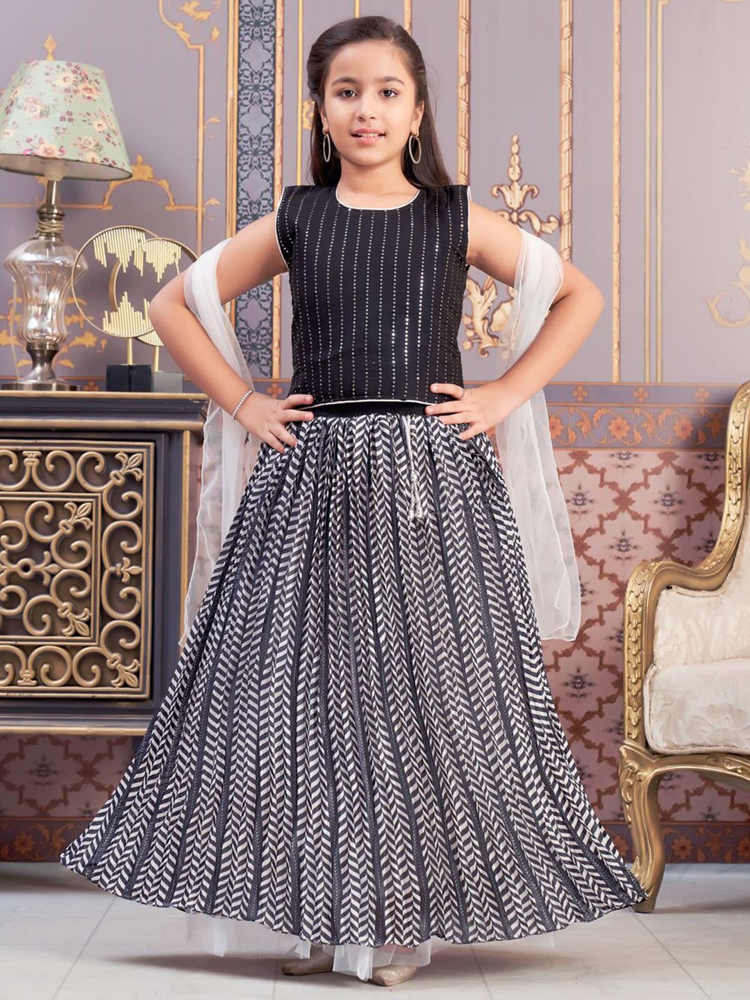 Sangria Girls Sequin Embroidered Lehenga With Choli & Dupatta-picture-36