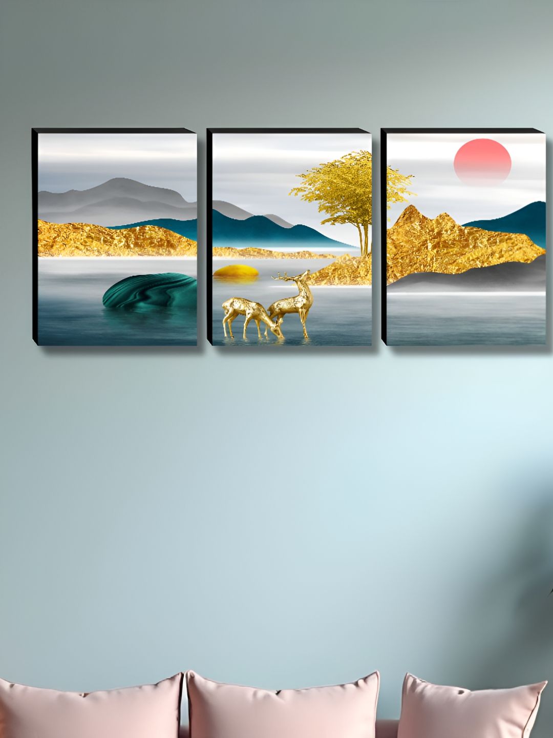 SAF White & Gold-Toned 3 Pieces Deer Printed Wooden Wall Paintings-picture-20