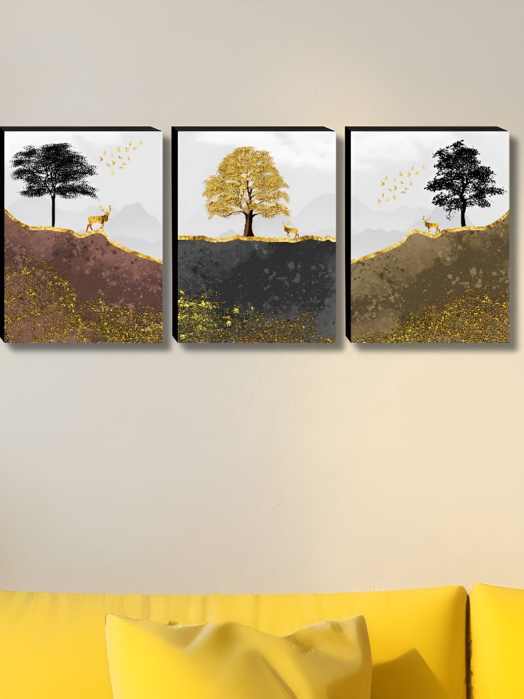 SAF Gold-Toned & White 3 Pieces Tree Printed Wooden Wall Paintings-picture-35