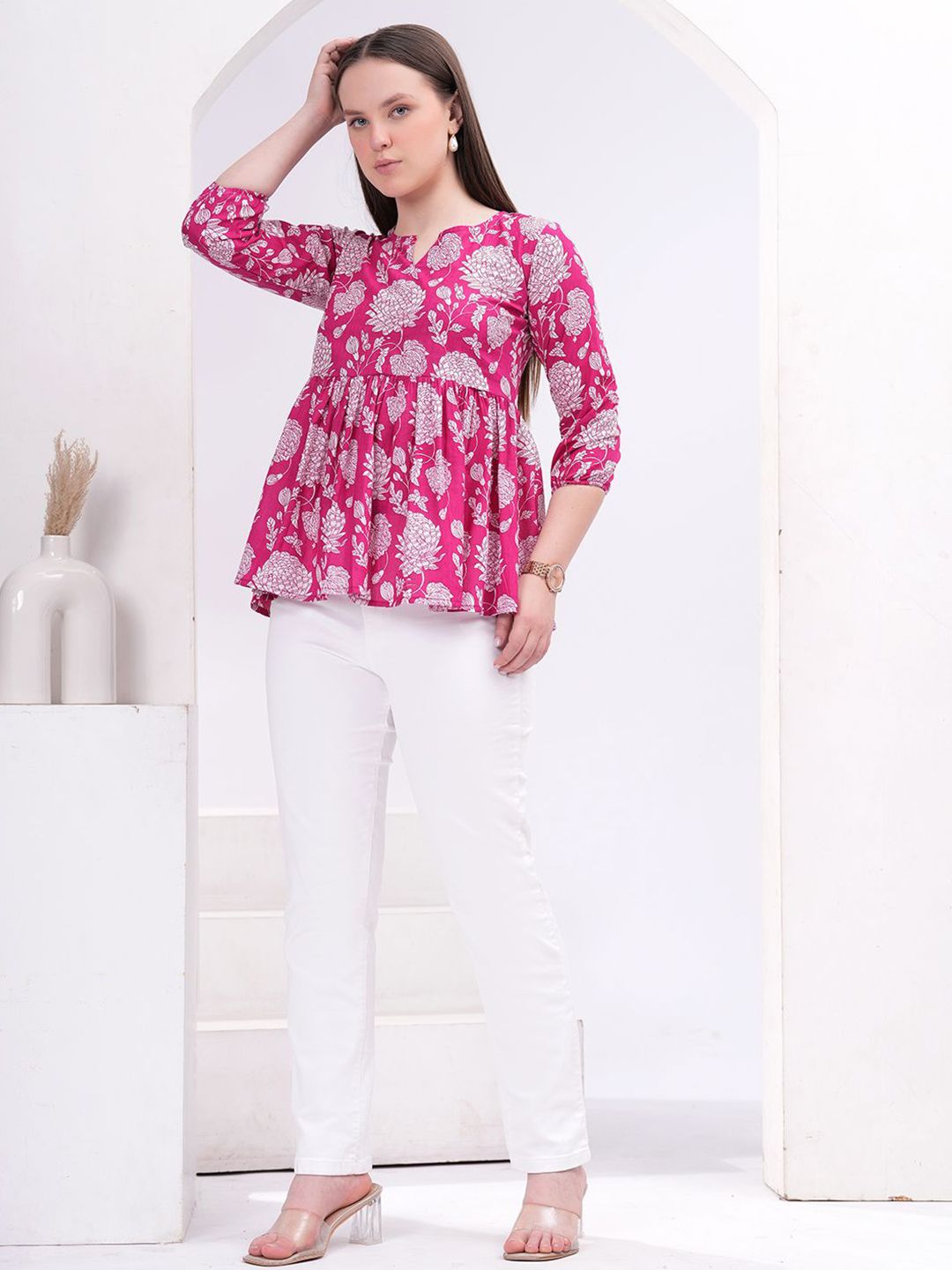 Zenava by Myntra Women Floral Print Puff Sleeve Cotton Empire Top-image-47
