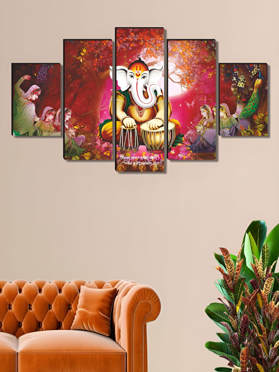 SAF Pink & White 5 Pieces Lord Ganesh Wood Wall Art-picture-22
