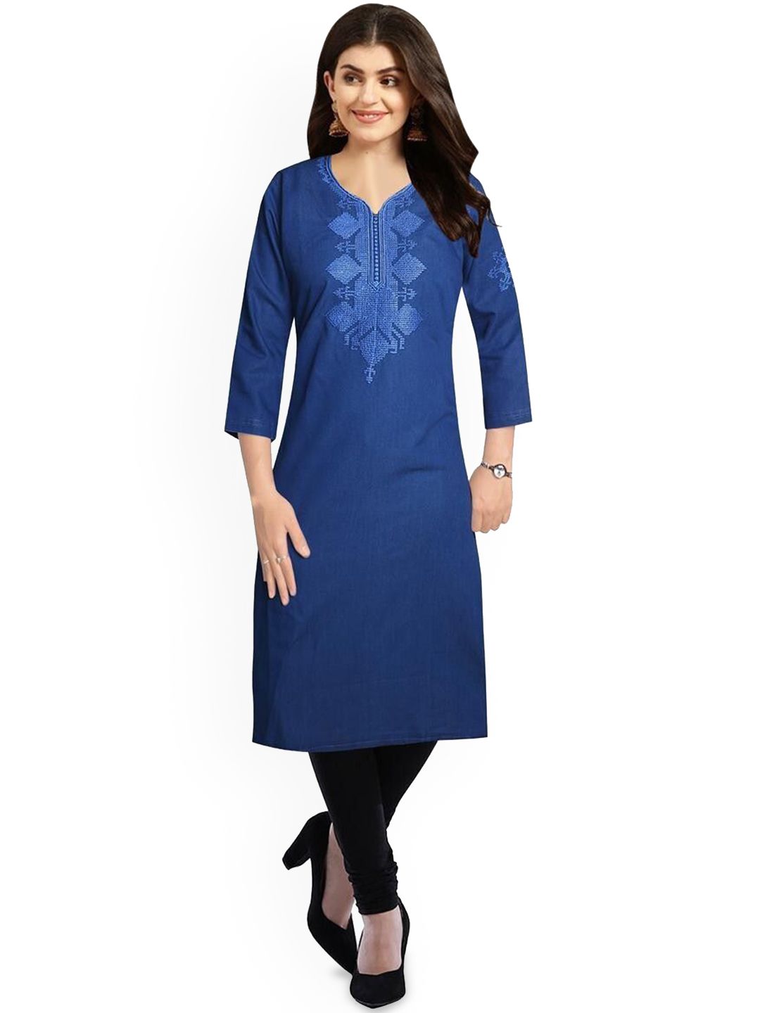 CEFALU Floral Embroidered Thread Work V-Neck Denim Straight Kurta-picture-50