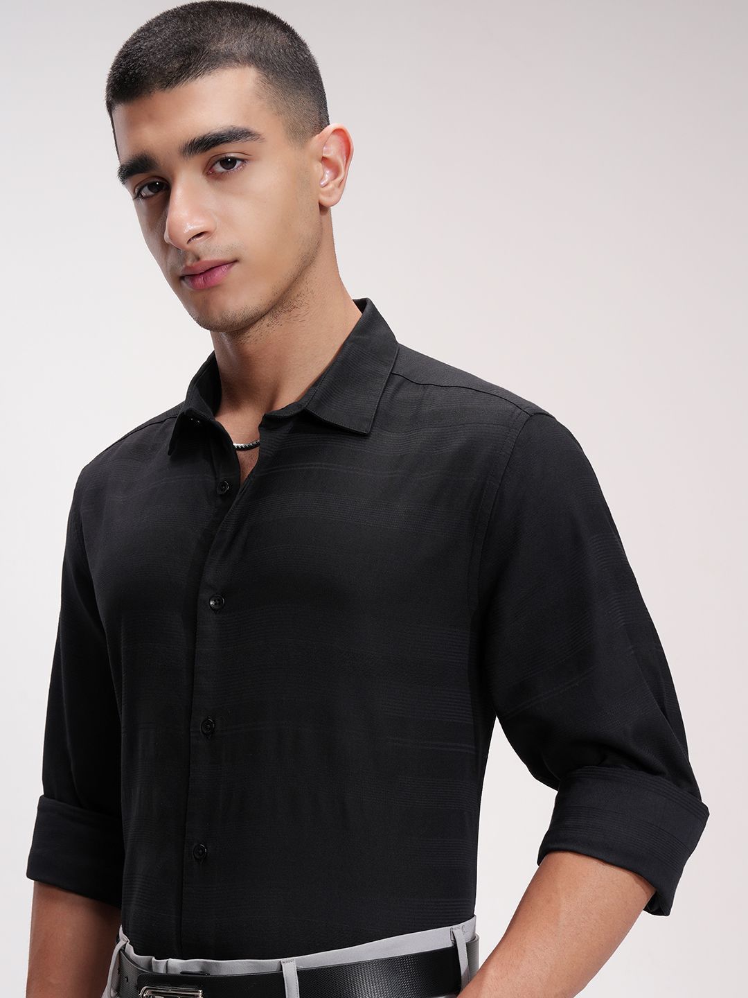 HIGHLANDER Men Comfort Fit Spread Collar Textured Cotton Formal Shirt-image-42