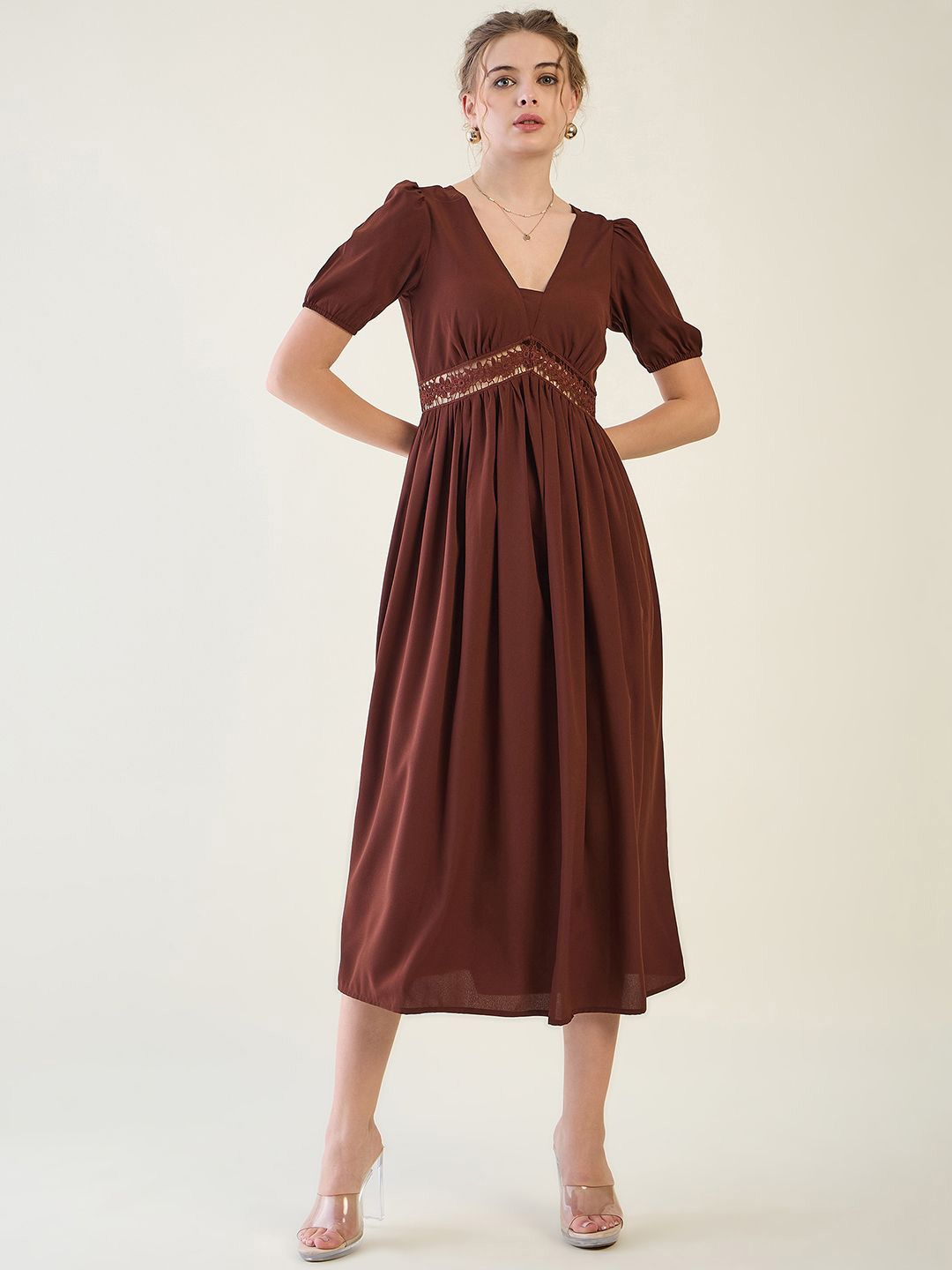 aayu Women Lace Inserts Puff Sleeve Crepe Empire Midi Dress-picture-29