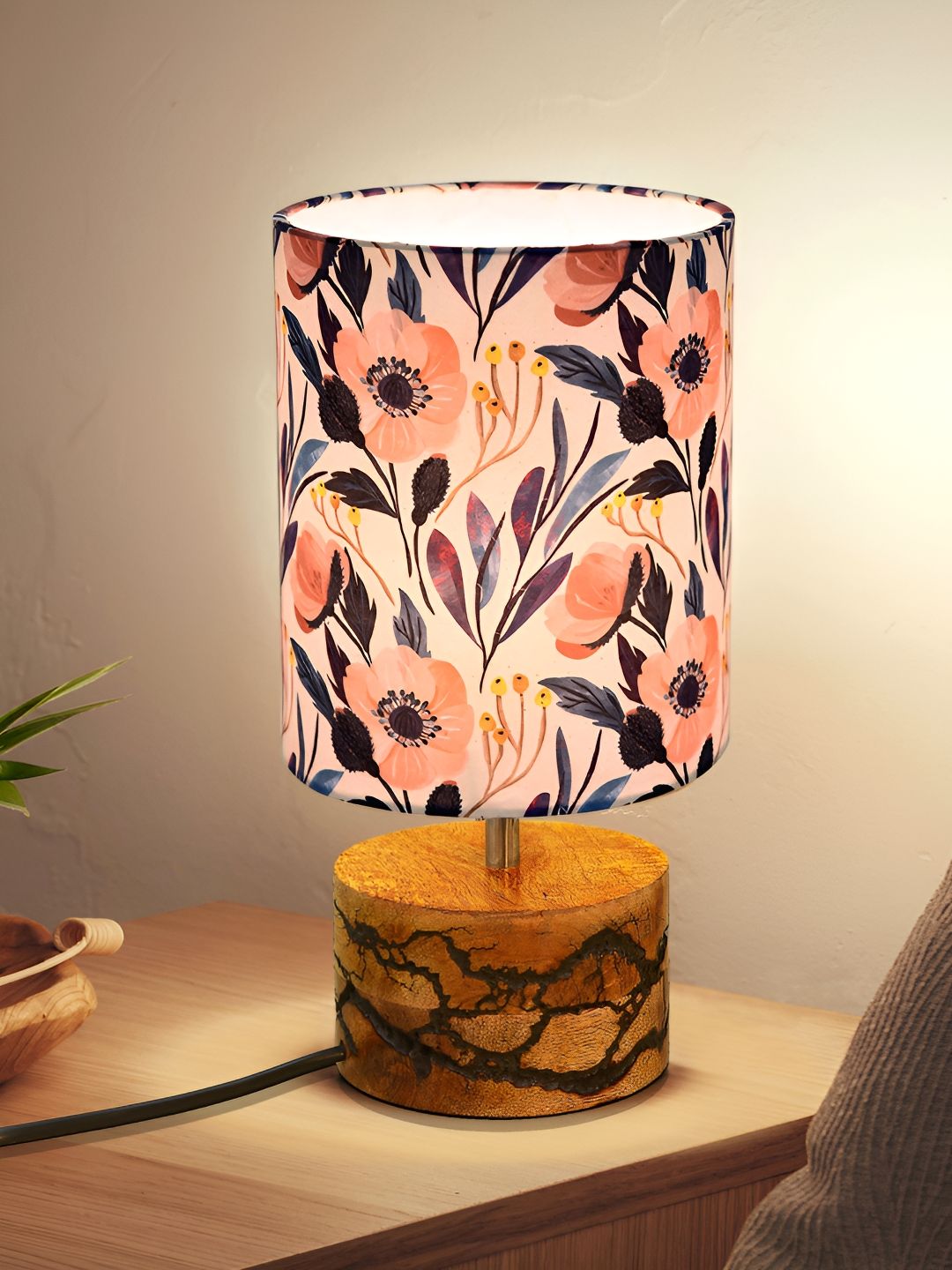 Homesake White Printed Industrial Cylindrical Shaped Wooden Table Lamp-picture-11
