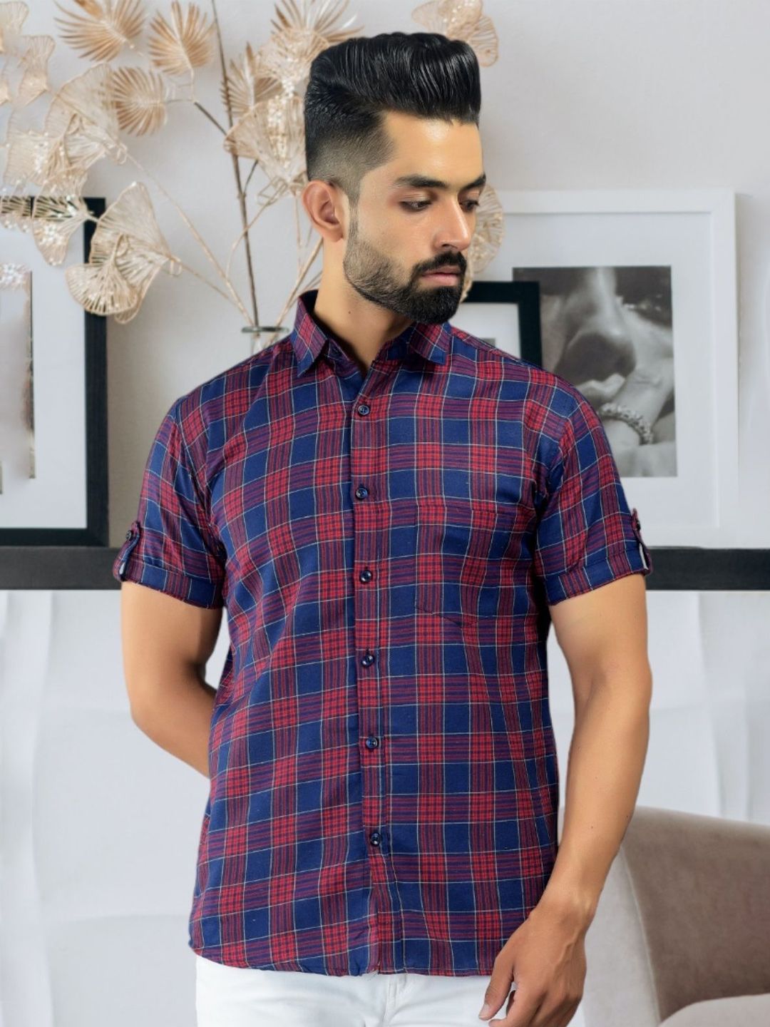 BASE 41 Men Spread Collar Checked Casual Shirt-picture-20