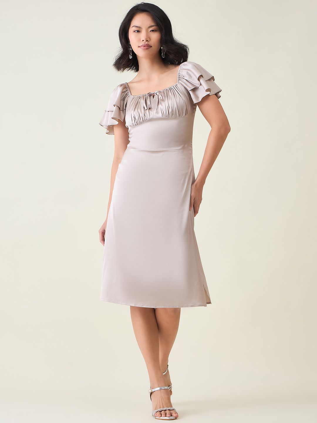 aayu Women Tie-Up Neck Layered Sleeves Satin Sheath Dress