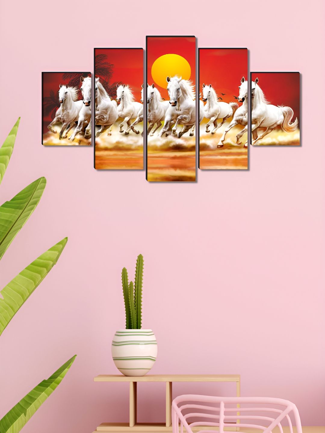 SAF Red & White 5 Pieces Seven Running Horse Birds And Animals Wooden Wall Art-picture-23