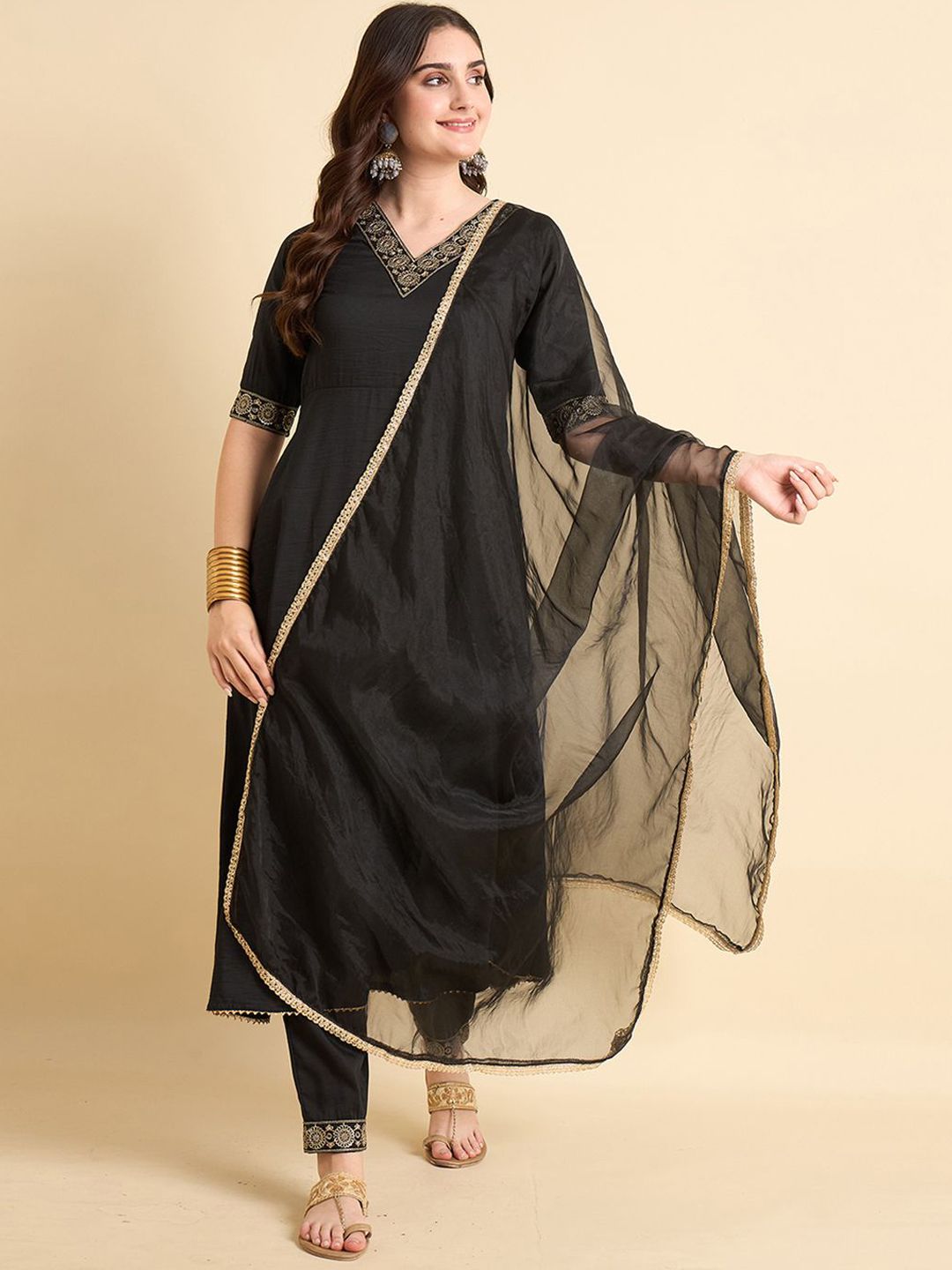 Anouk Rustic Floral Embroidered Zari Work A-line Kurta With Trouser And Dupatta