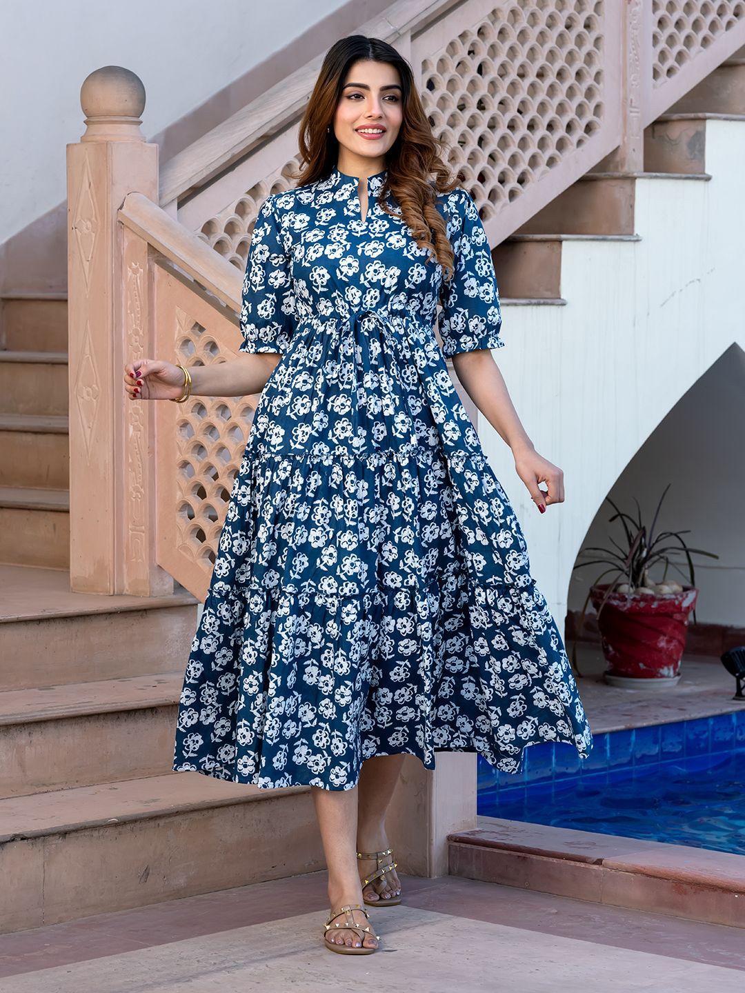 The Roadster Lifestyle Co. Women Floral Print Puff Sleeves Fit & Flare Midi Dress