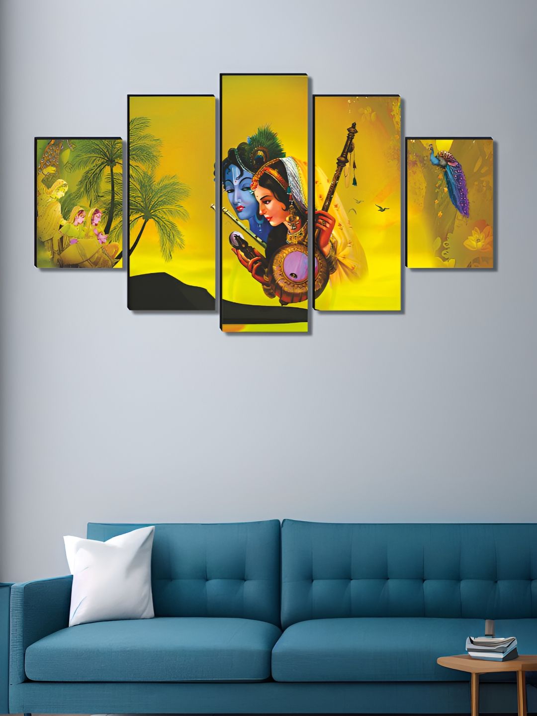SAF Yellow & Blue 5 Pieces Lord Krishna & Meera Religious Printed Wooden Wall Art-picture-38