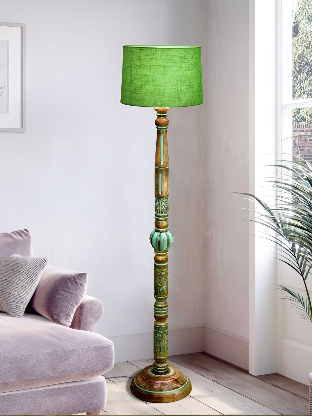 Homesake Royal Carving Green & Brown Wooden Floor Lamp With Shade-image-2