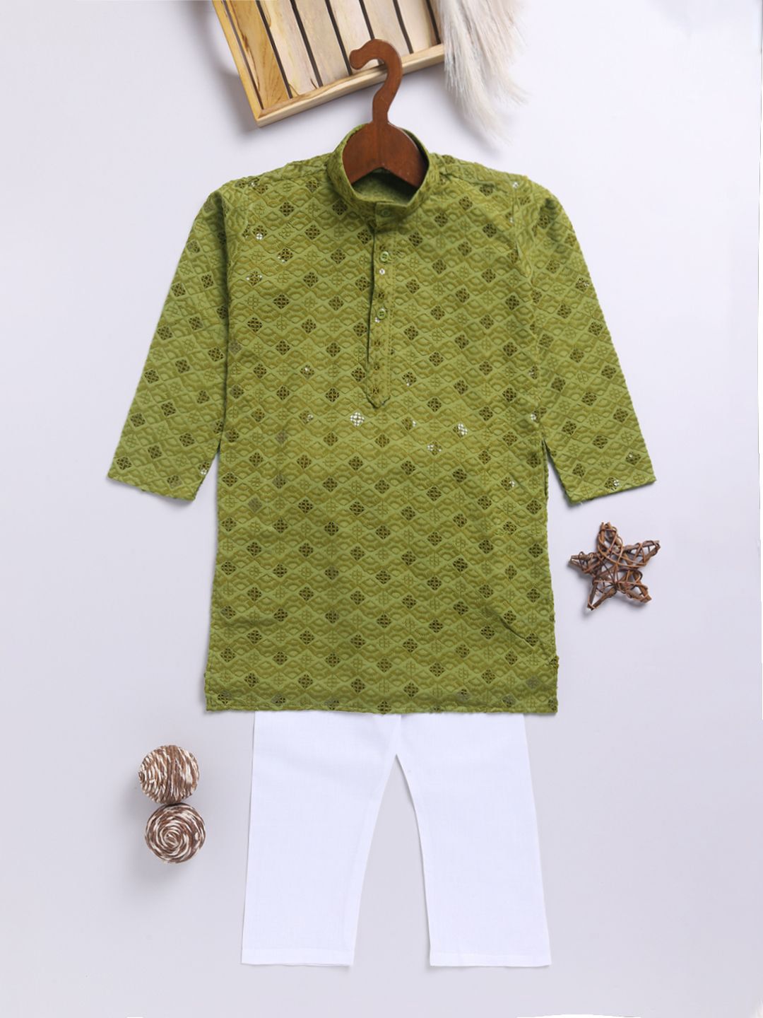 JBN Creation Boys Embroidered Sequinned Mandarin Collar Straight Kurta With Pyjamas-picture-52