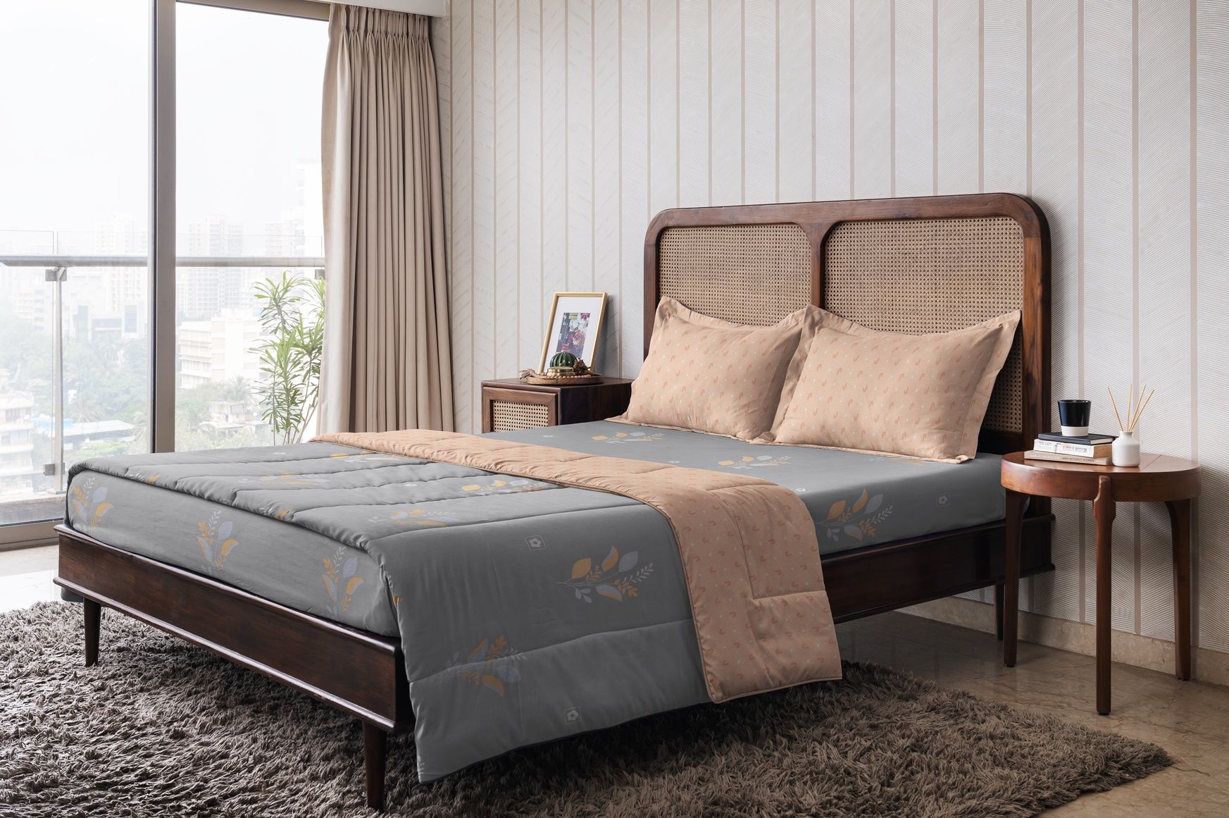 The Happy Pod Grey & Orange Floral Microfiber AC Room 150 GSM Double Bed Comforter-image-29