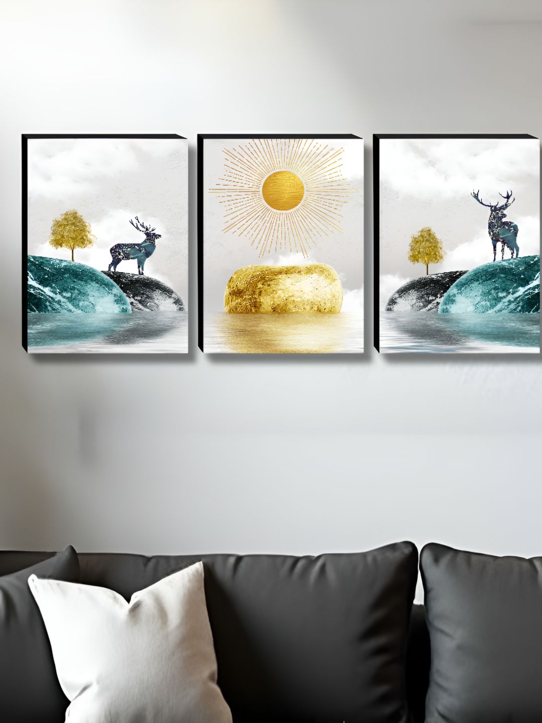 SAF White & Gold-Toned 3 Pieces Deer & Sun Rise Printed Wooden Wall Paintings-picture-25