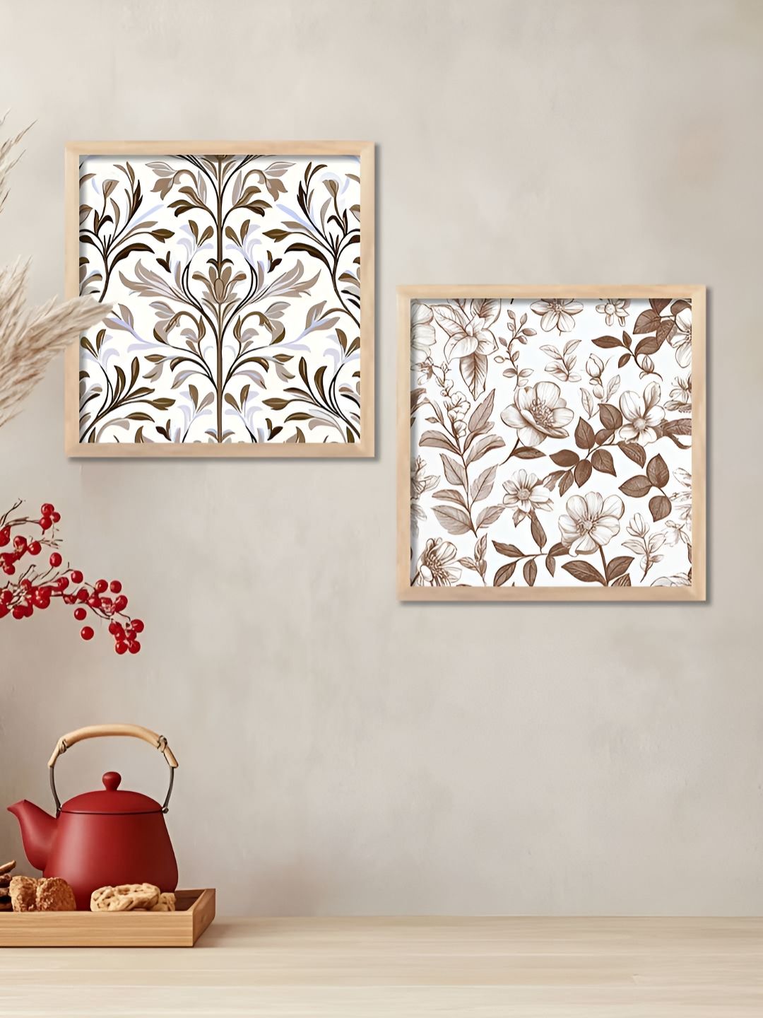 WALLLANE Brown & White 2 Pieces Floral Printed Wooden Wall Art-picture-11