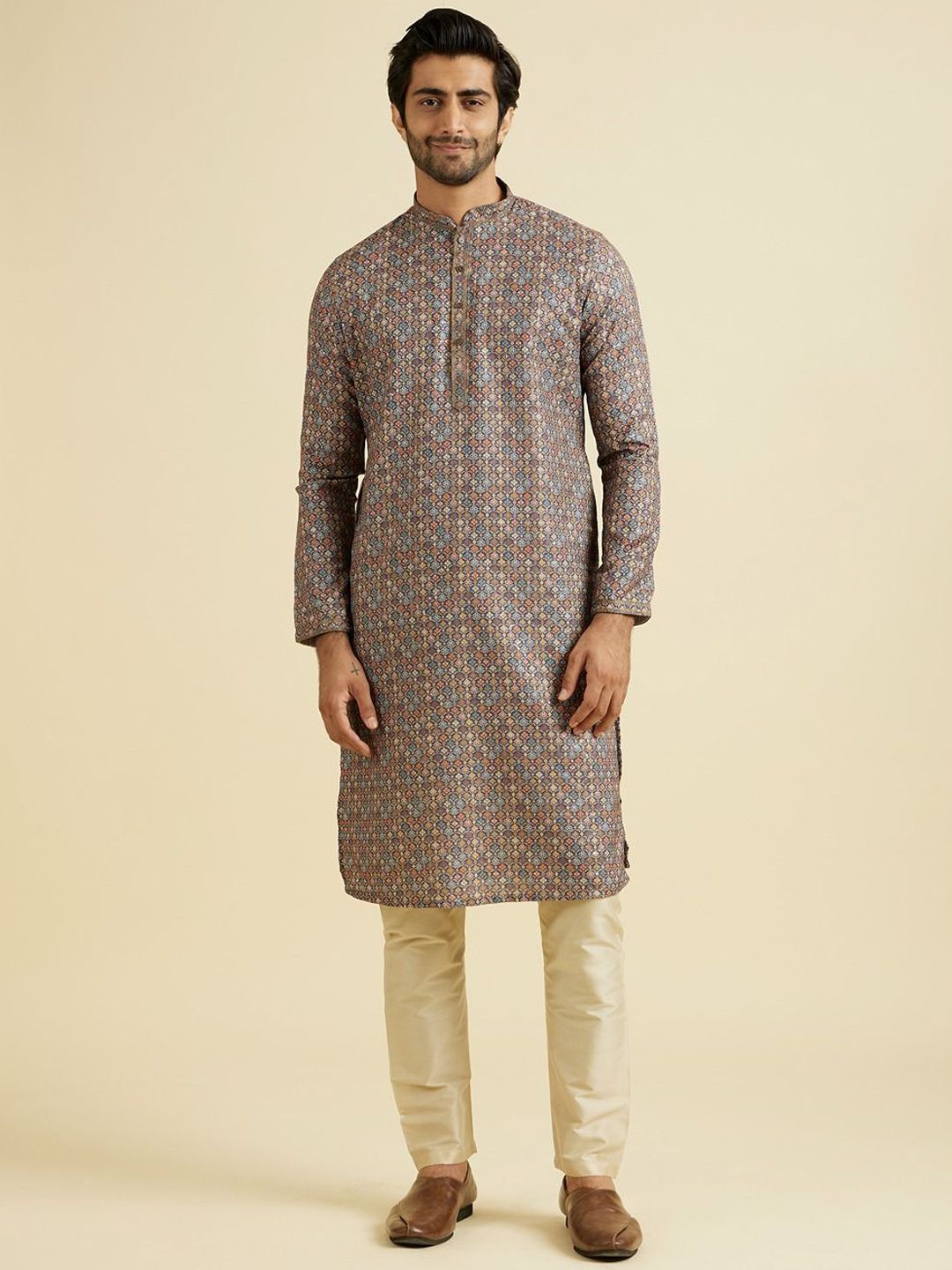 Manyavar Ethnic Motifs Printed Mandarin Collar Straight Kurta With Pyjama-picture-11
