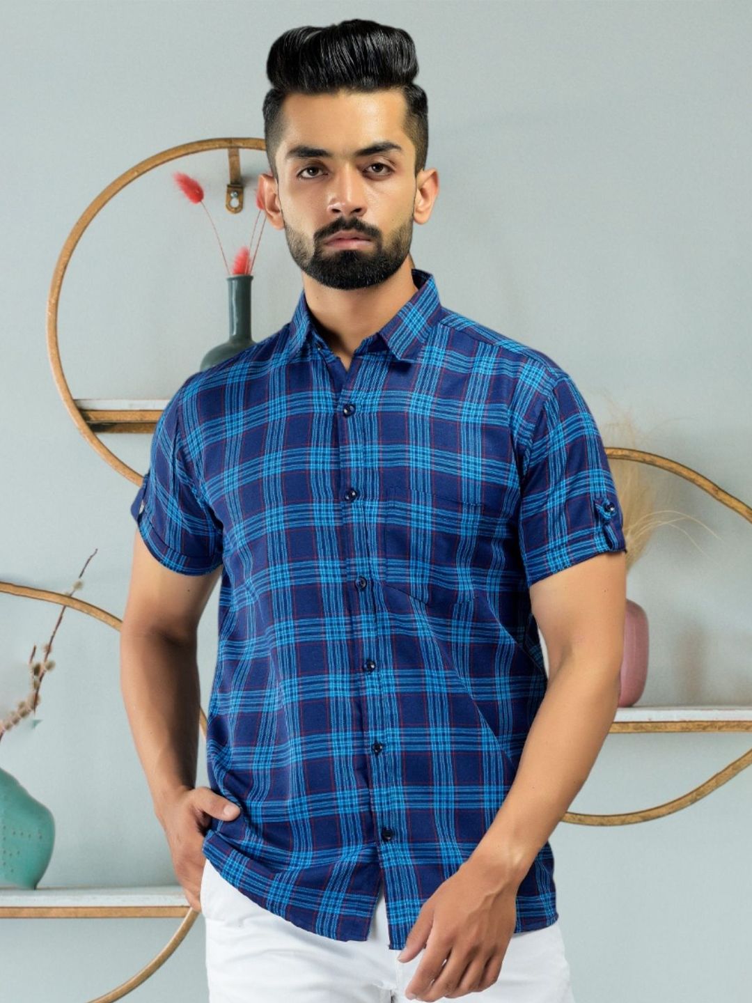 BASE 41 Men Spread Collar Tartan Checked Casual Shirt-picture-24