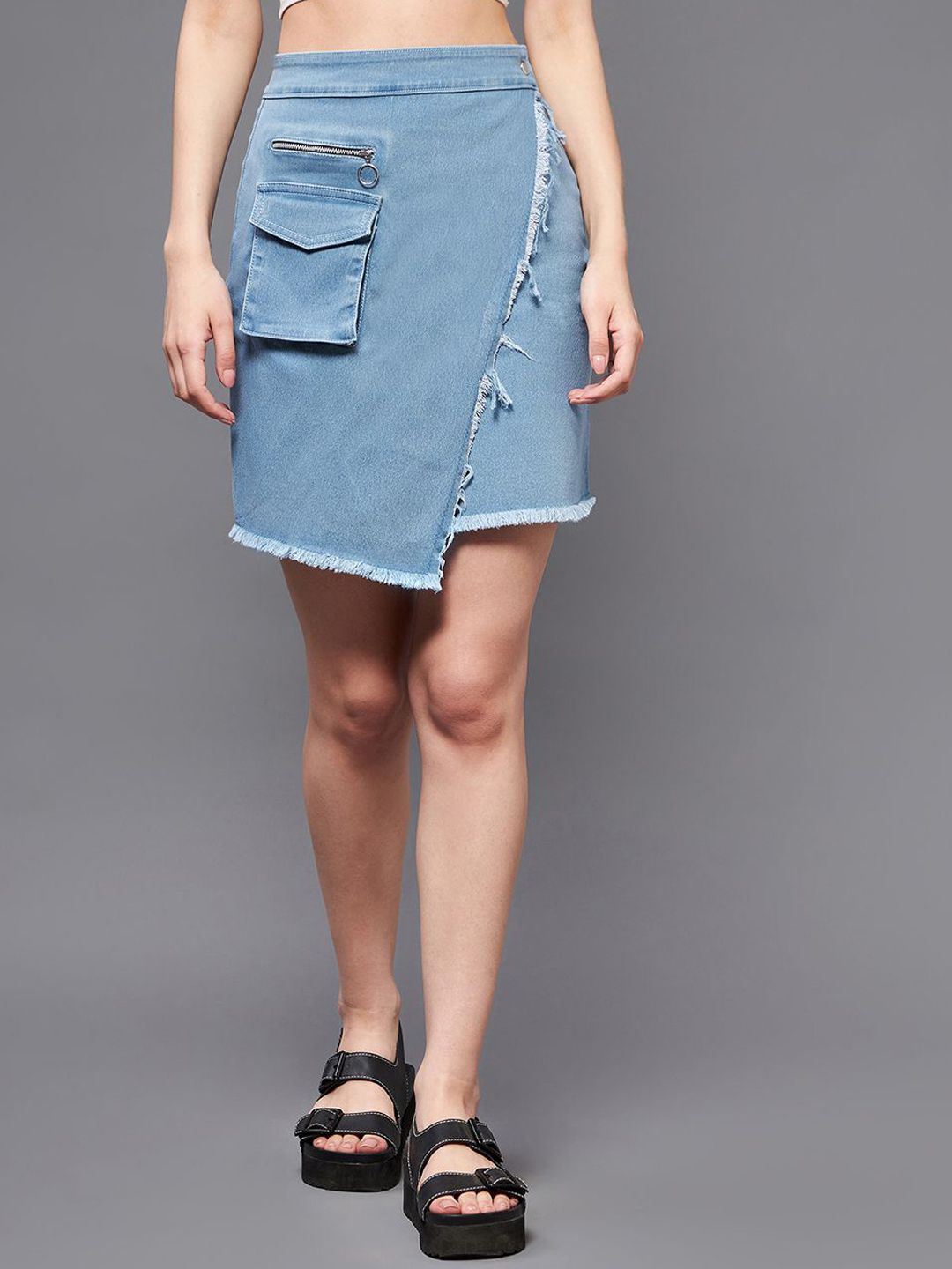 Miss Chase Above Knee Length Straight Stretchable Denim Skirt-picture-22
