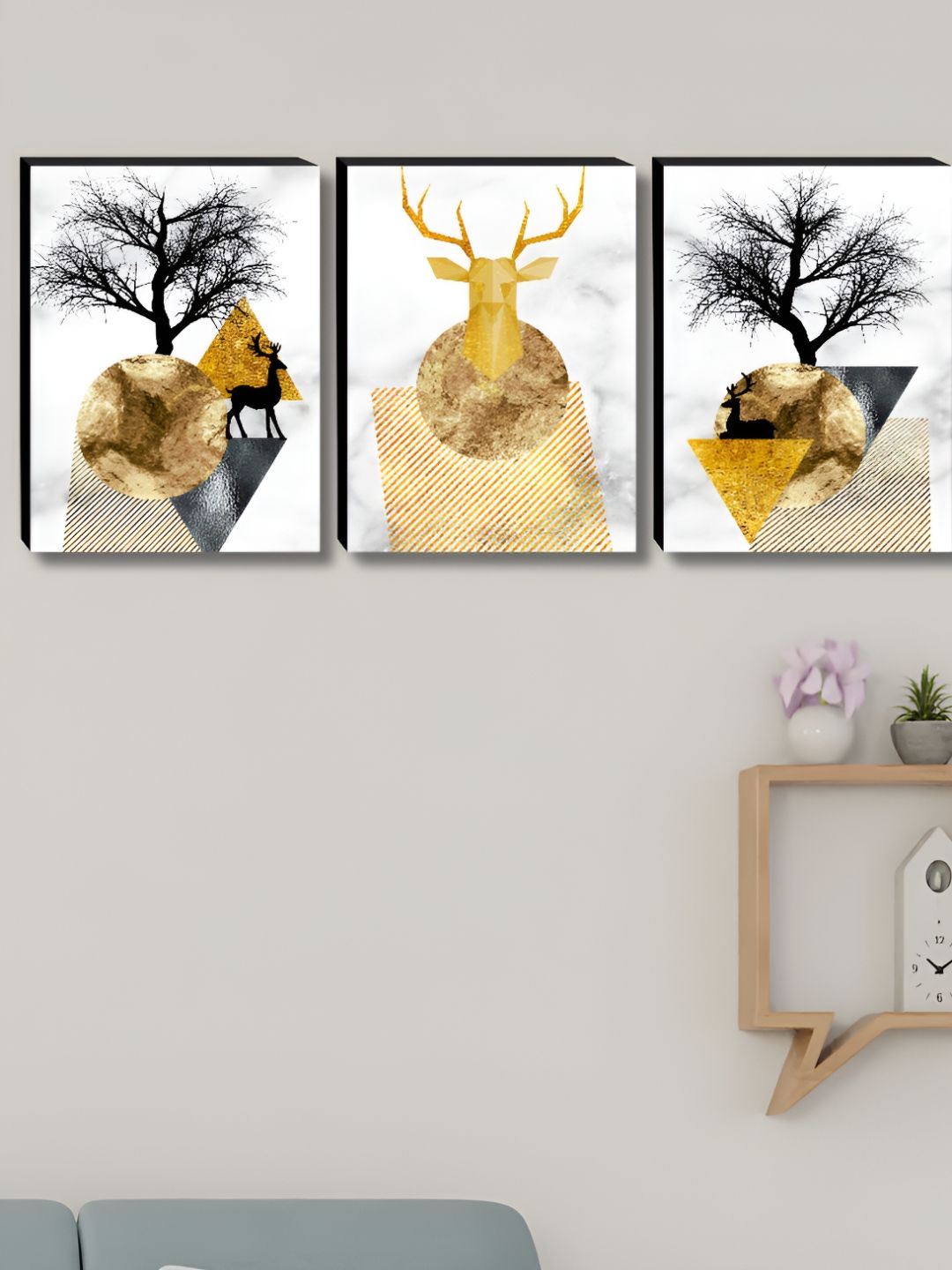 SAF White & Gold-Toned 3 Piece Wood Birds and Animals Wall Art-picture-13