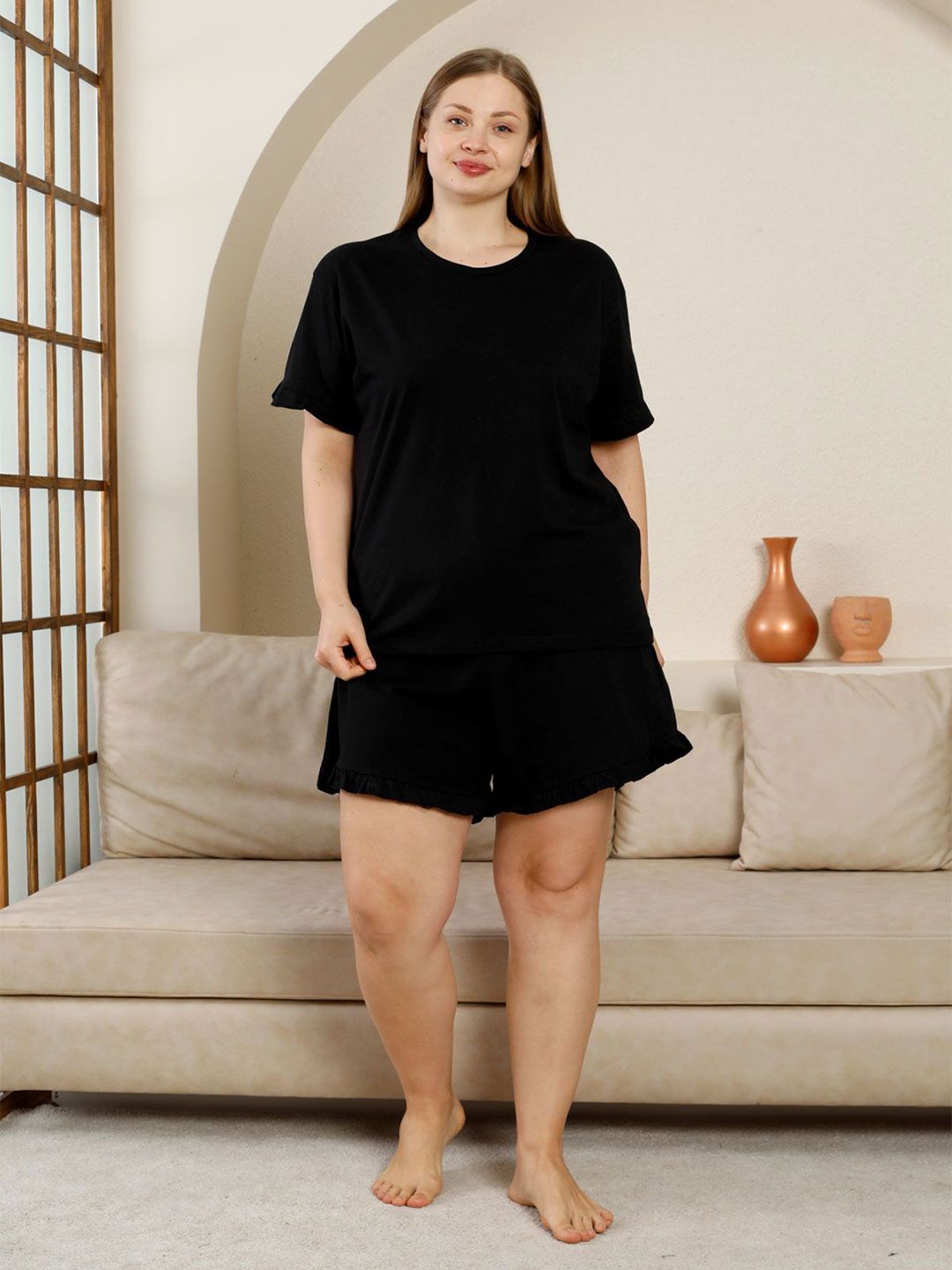 Trendyol Siyah Women Pure Cotton Round Neck Night Suit-picture-23