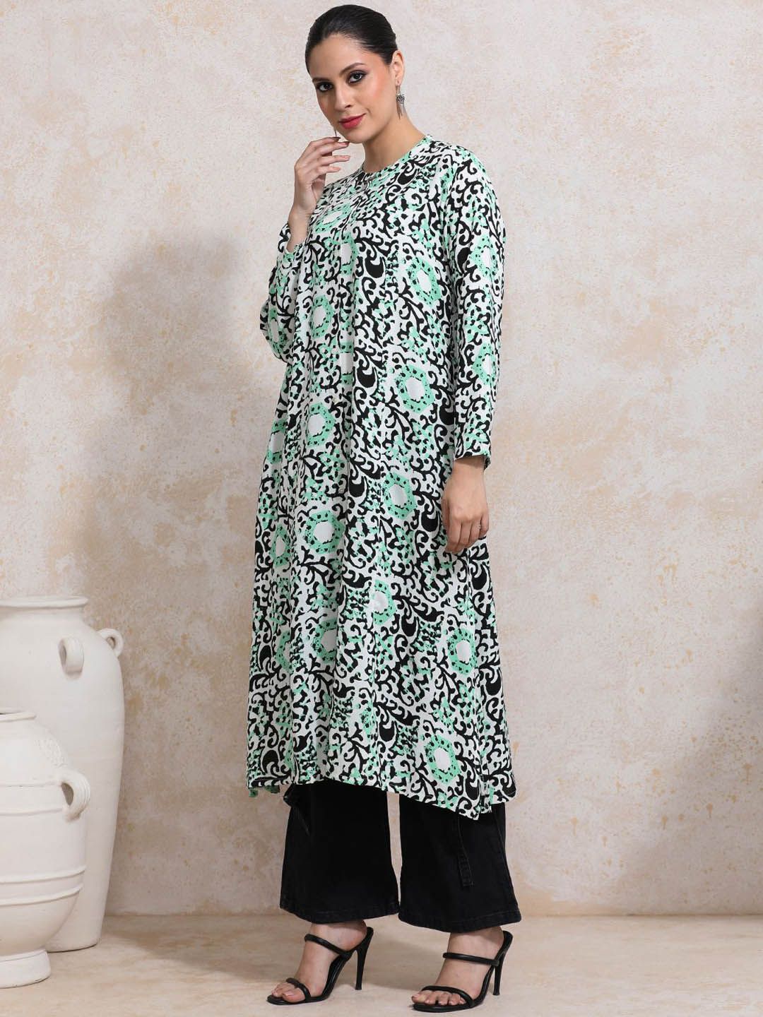Women's Taupe Floral Printed Mandarin Collar A-Line Kurti