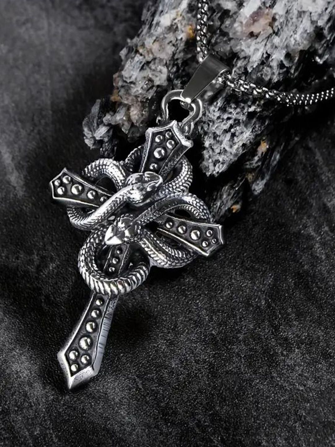 The Roadster Lifestyle Co Men Stainless Steel Silver-Plated Snake Cross Pendant With Chain-image-27