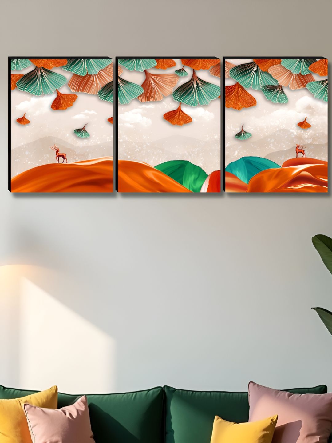 SAF Beige & Orange 3 Pieces Wood Deer Wall Paintings-picture-36