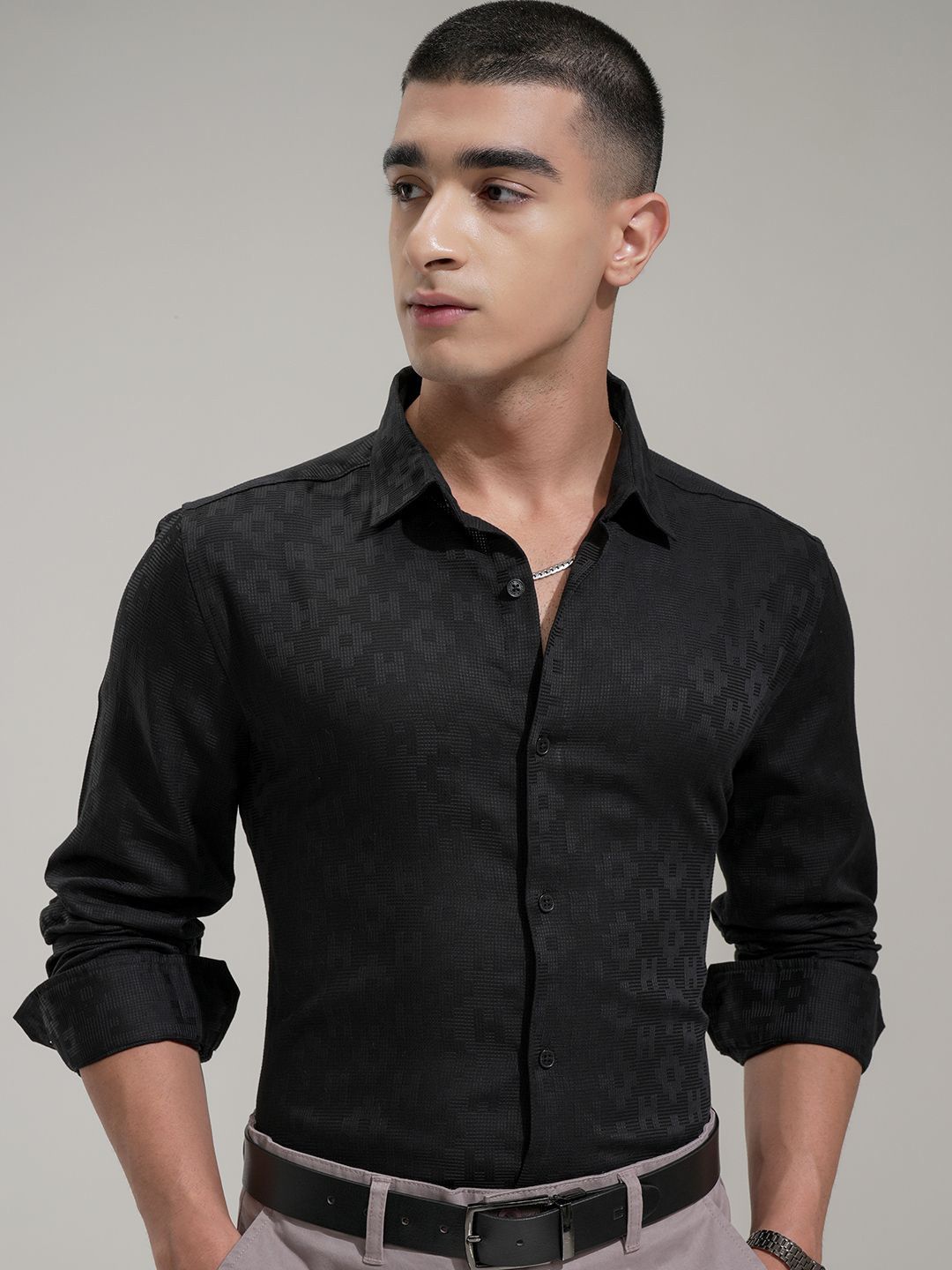 HIGHLANDER Men Comfort Fit Spread Collar Textured Cotton Formal Shirt-image-48