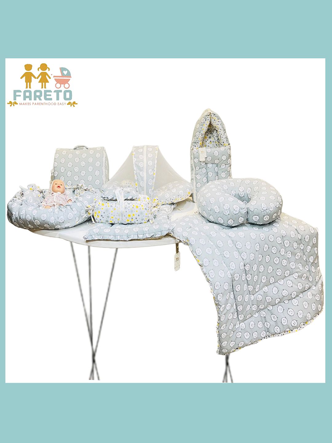 Fareto Infants Grey & White Printed Cotton Baby Bed Set-image-37