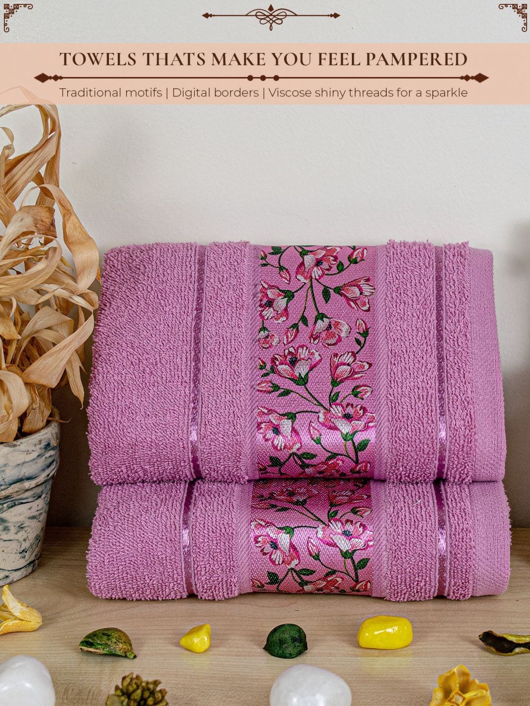 Myntra Elegant Homes Purple & Green 2 Pieces Printed Pure Cotton 450 GSM Hand Towels-image-46