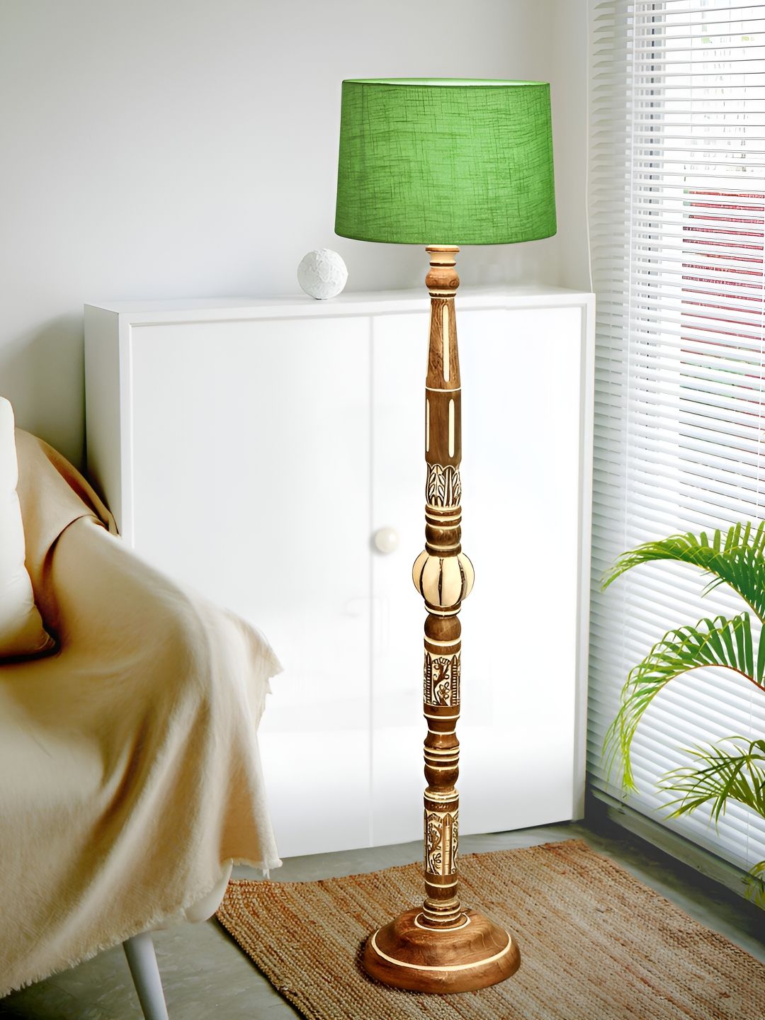 Homesake Royal Carving Brown & Green Textured Wooden Floor Lamp-image-48