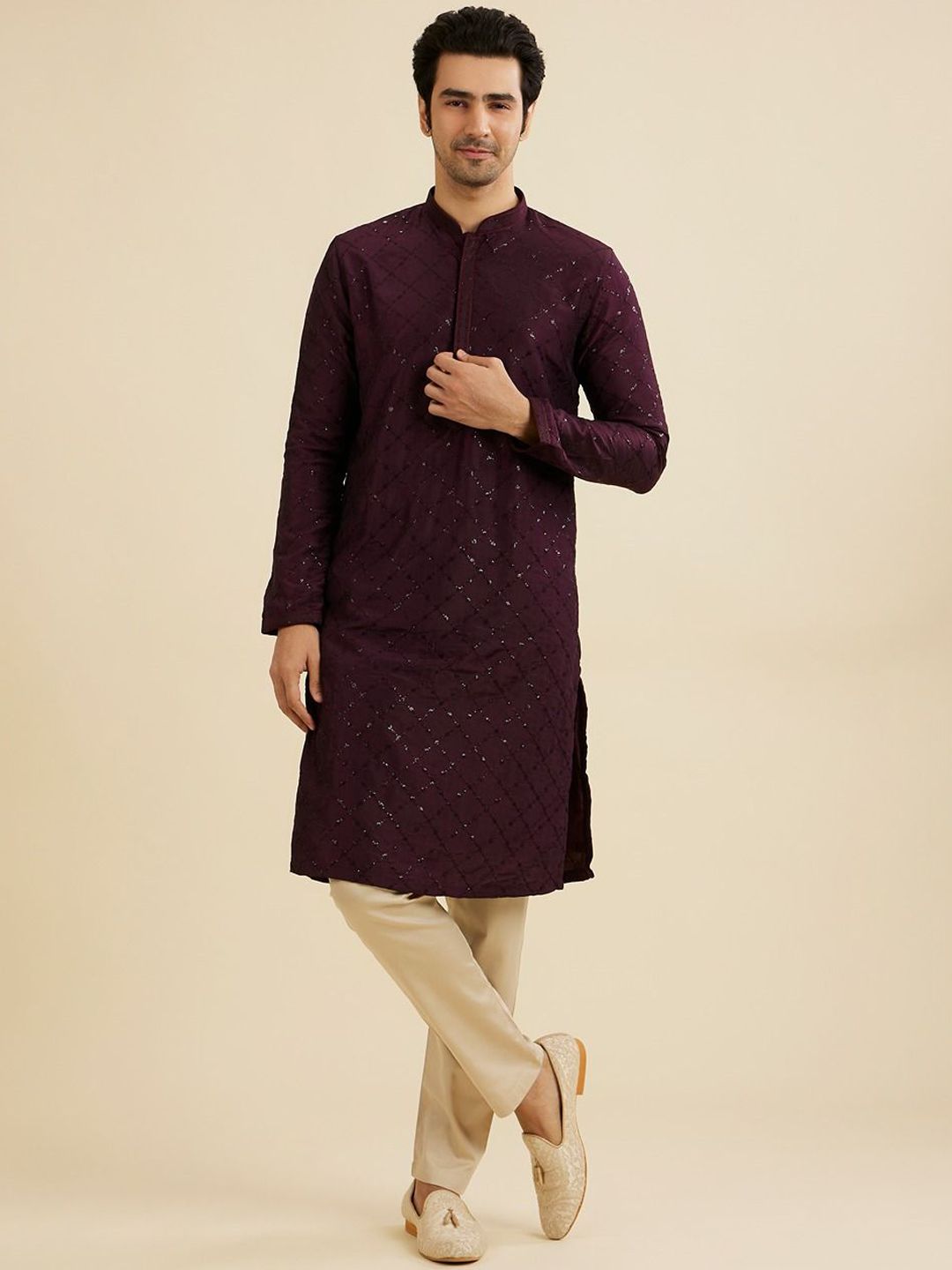 Manyavar Embroidered Art Silk Sequinned Mandarin Collar Straight Kurta With Trousers-picture-27
