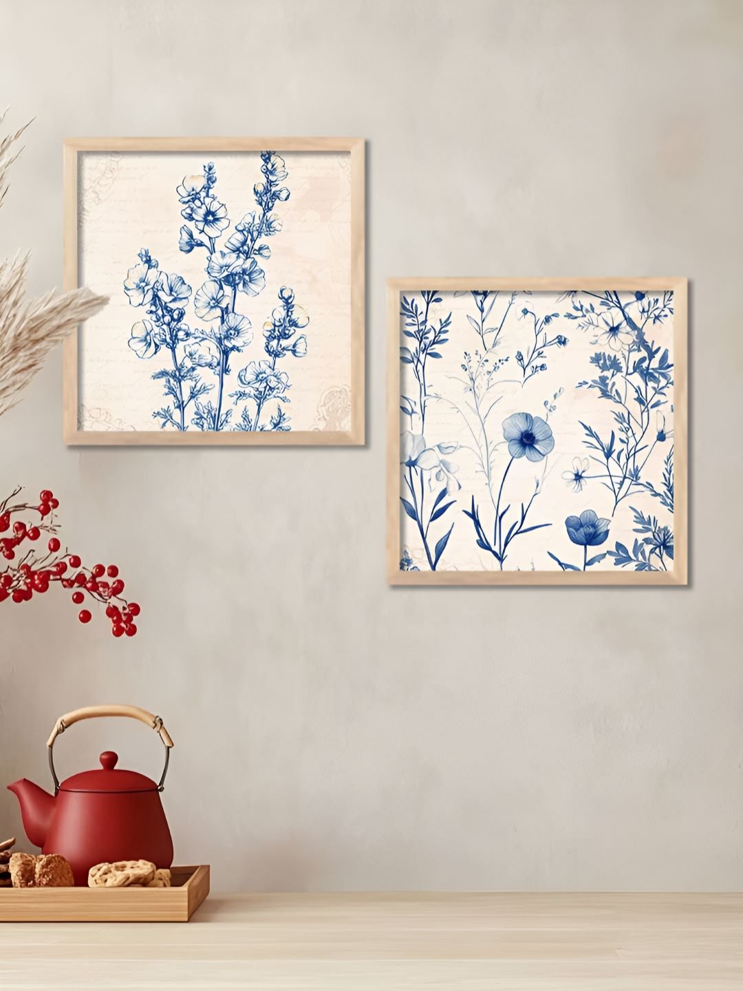 WALLLANE Brown & Blue 2 Pieces Wooden Floral & Botanical Wall Art-picture-34