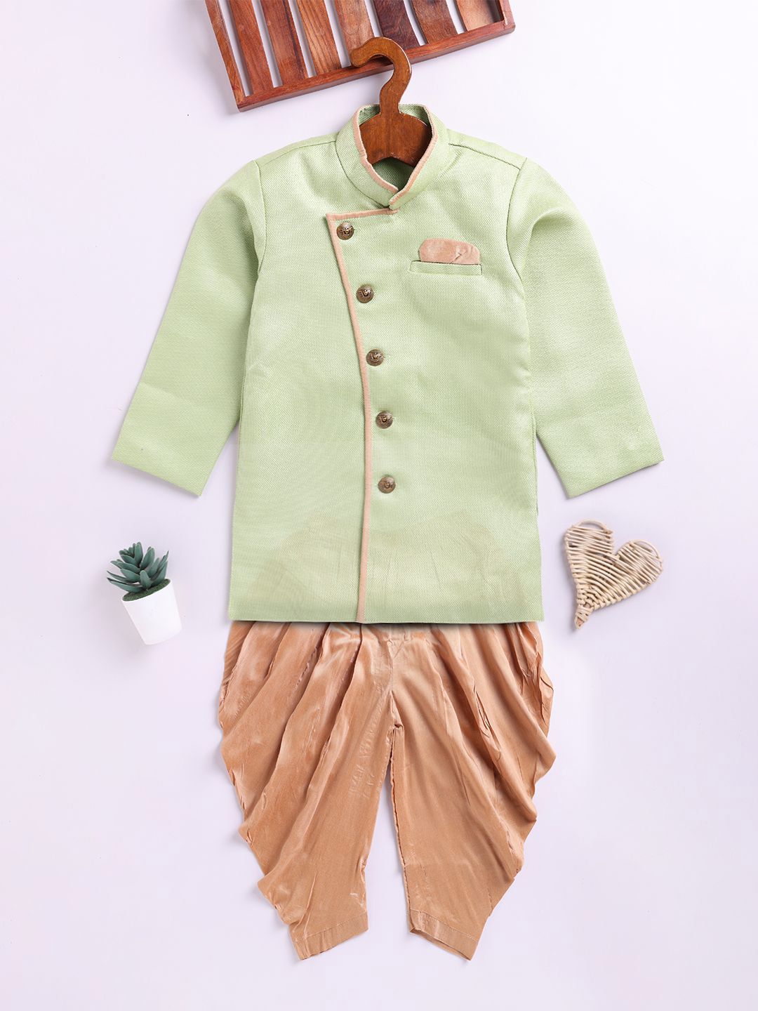 JBN Creation Boys Angrakha Pattern Textured Side Slit Detail Sherwani Set-picture-35