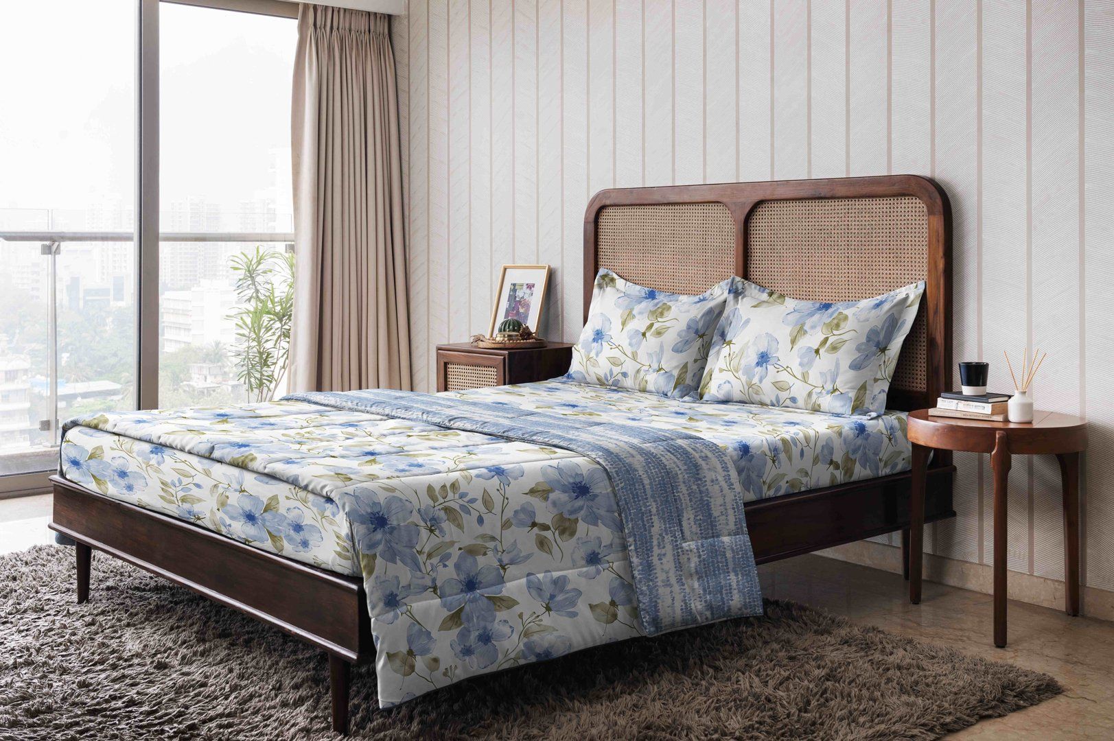 The Happy Pod Blue & Green Floral Pure Cotton Single Bedding Set With 1 Pillow Cover-picture-21