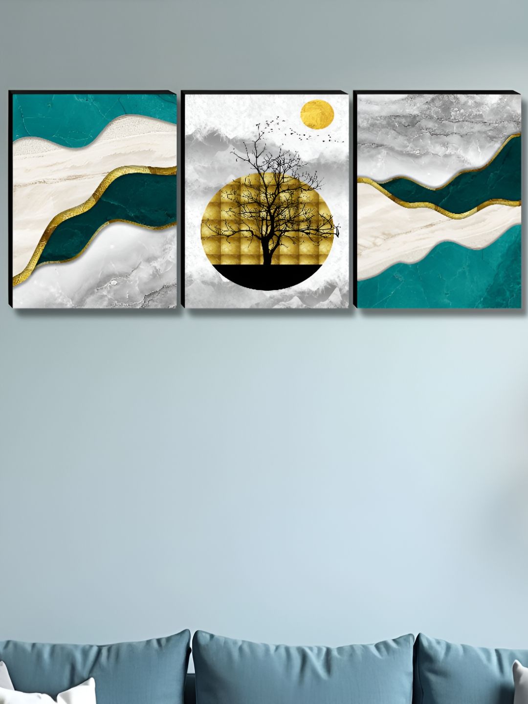 SAF White & Gold-Toned 3 Pieces Tree & Moon Wall Paintings-picture-29