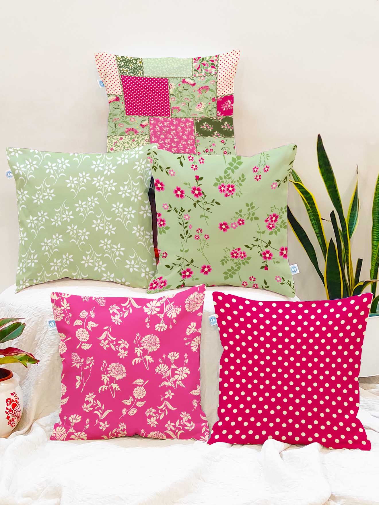 STITCHNEST Pink & Green 5 Pieces Floral Square Cushion Covers-picture-10