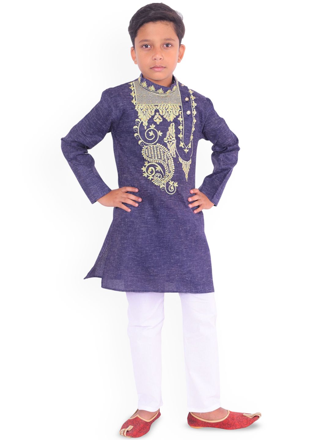 Sangria Boys Floral Embroidered Thread Work Mandarin Collar Straight Kurta With Pyjamas-picture-56