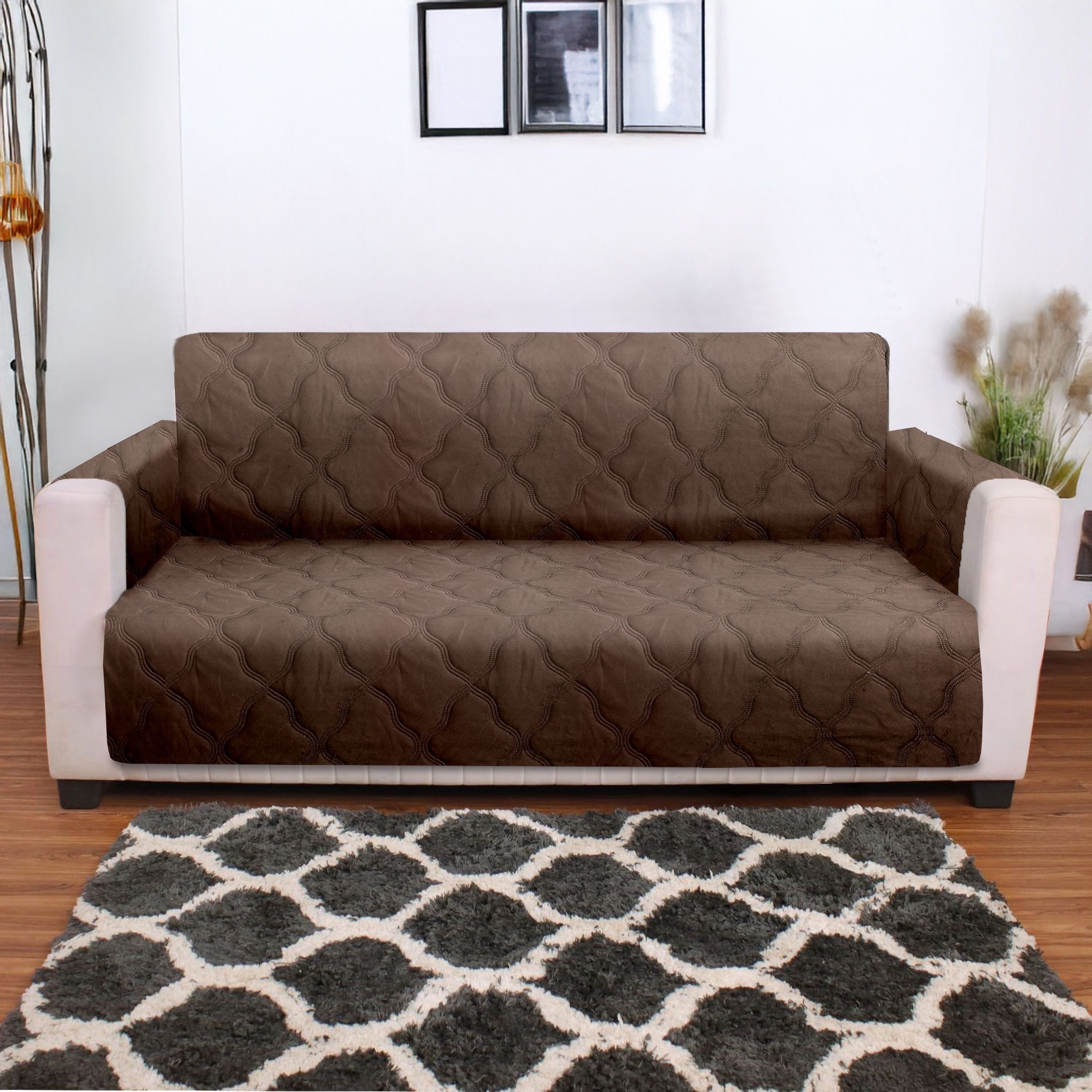Cortina Brown 6 Pieces Self Design Velvet Reversible Quilted Sofa Cover With Arms-picture-29